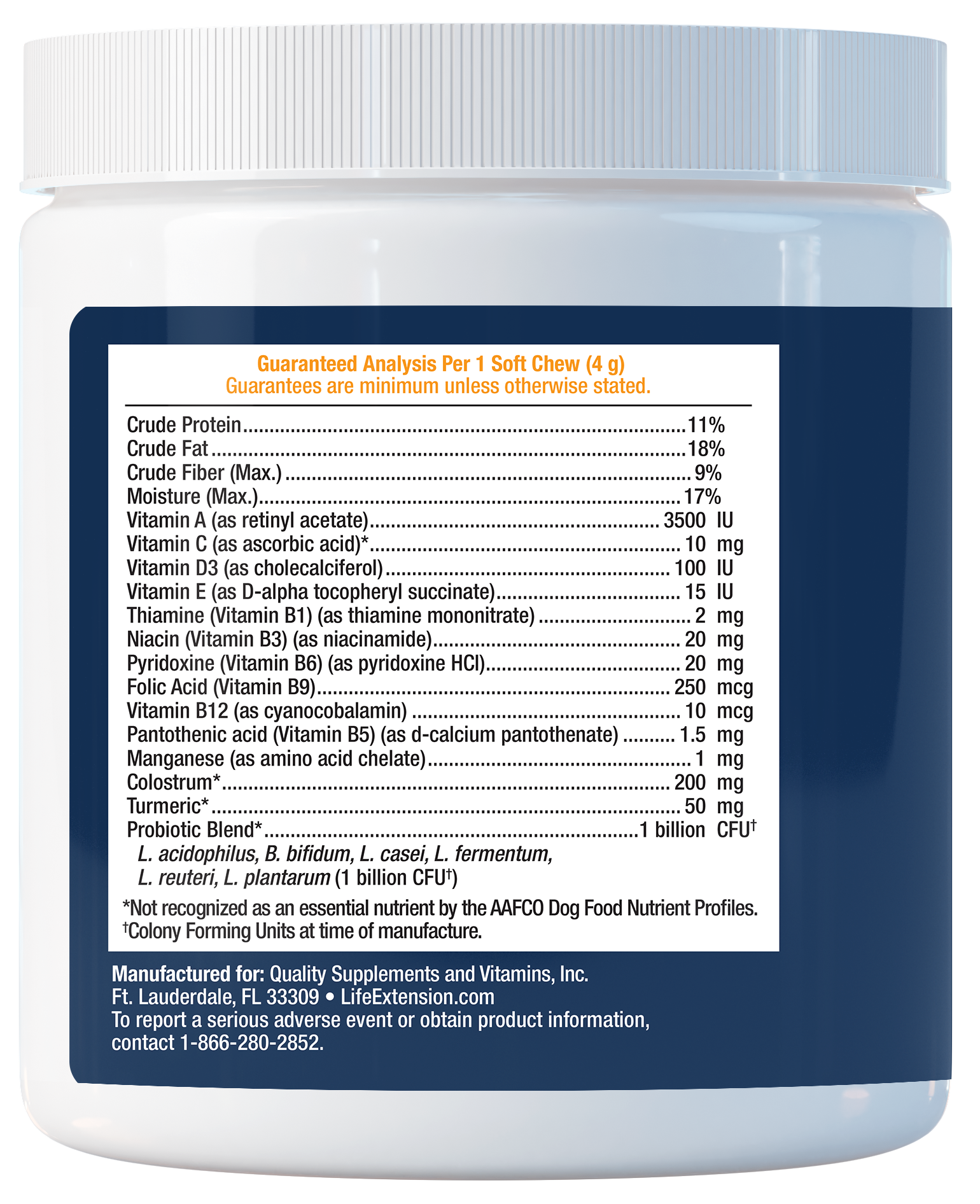 DOG Multivitamin & Probiotics is 90 soft chews for the dogs' overall, immune, and digestive health, supplement facts